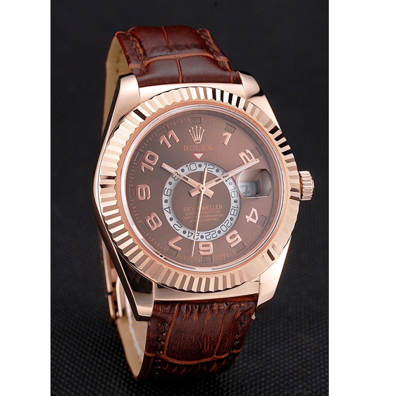 Aaa replica watch Dweller Strap Brown Sky Case Gold Dial Rose Rolex Leather Brown 0730